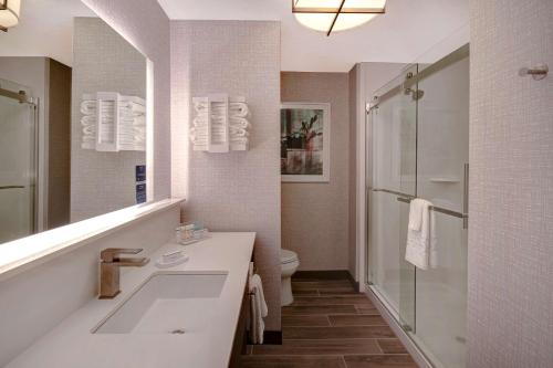 a bathroom with a sink and a shower and a toilet at Hampton Inn Tucson Downtown, Az in Tucson