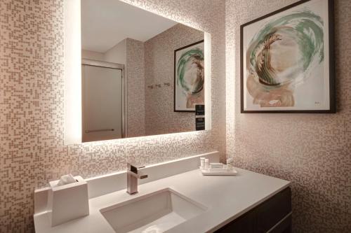 a bathroom with a sink and a mirror at Home2 Suites By Hilton Tucson Downtown in Tucson
