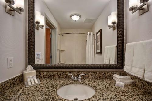 a bathroom with a sink and a large mirror at Hilton Garden Inn Twin Falls in Twin Falls