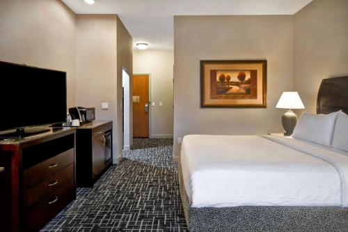 a hotel room with a bed and a flat screen tv at Hilton Garden Inn Twin Falls in Twin Falls