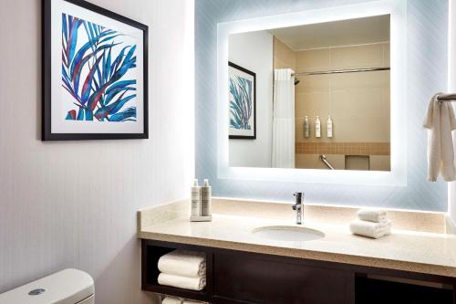 a bathroom with a sink and a mirror at Hilton Garden Inn Valencia Six Flags in Valencia