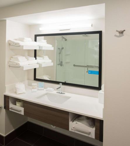 a bathroom with a sink and a large mirror at Hampton Inn Wooster in Wooster