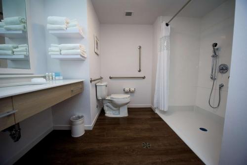 a bathroom with a toilet and a shower and a sink at Hampton Inn & Suites Truro, NS in Truro