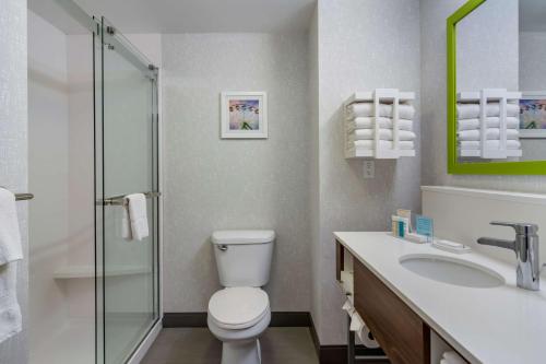 a bathroom with a toilet and a sink at Hampton Inn & Suites Edmonton/West in Edmonton