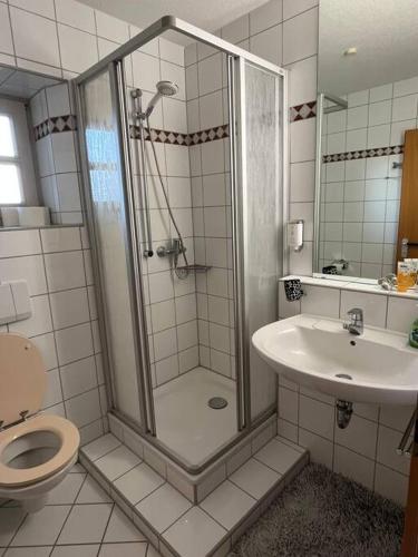 y baño con ducha, aseo y lavamanos. en Idyllische Ferienwohnung am See, en Rötz