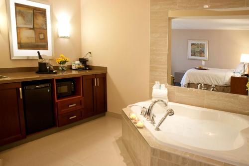 a bathroom with a large tub and a large mirror at Hampton Inn by Hilton Brampton - Toronto in Brampton