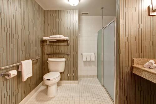a bathroom with a toilet and a shower at Hilton Garden Inn Toronto/Markham in Thornhill