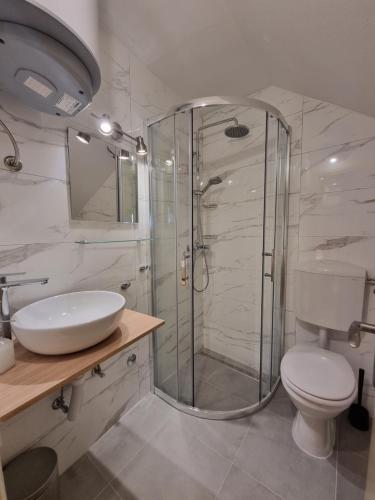 a bathroom with a shower and a toilet and a sink at Studio Riva in Hvar