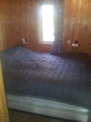 a bed in a wooden room with a window at Vetursetur in Laxamýri