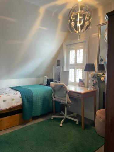 um quarto com uma cama, uma secretária e uma janela em The green house em Portsmouth