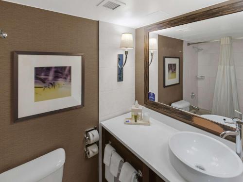 a bathroom with a sink and a mirror at Hilton Harrisburg near Hershey Park in Harrisburg