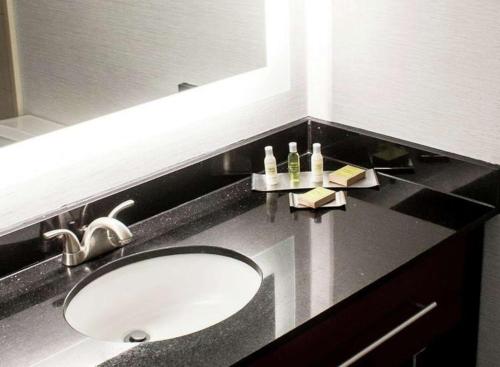 DoubleTree by Hilton Charlottesville في شارلوتسفيل: منضدة الحمام مع الحوض والمرآة