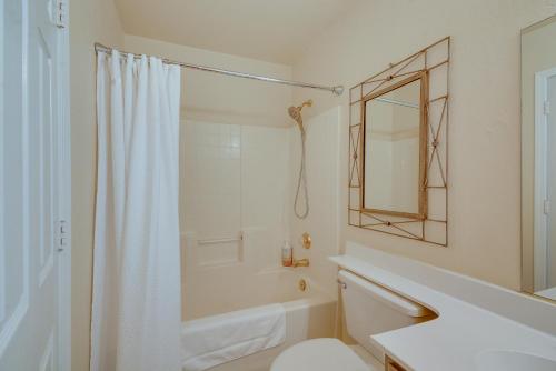 a bathroom with a shower and a toilet and a sink at Prescott Valley Retreat with Private Hot Tub! in Prescott Valley