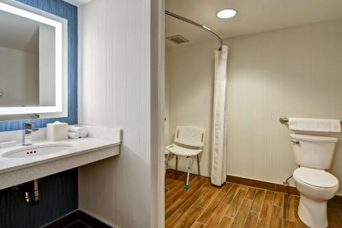 a bathroom with a toilet and a sink and a mirror at Hilton Garden Inn Toronto/Mississauga in Mississauga