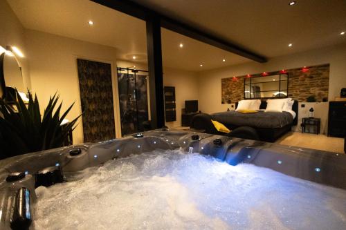 a jacuzzi tub in a room with a bedroom at Les Chambres de Sonia et Éric in Couvains