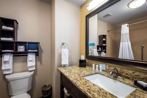 a bathroom with a toilet and a sink and a mirror at Hampton Inn Indianapolis NW/Zionsville in Whitestown
