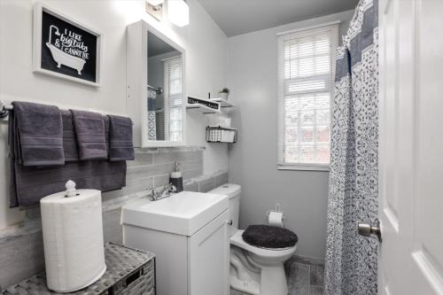 a bathroom with a toilet and a sink and a mirror at Modern & Cozy East Side Gem ~ Queen Beds ~ Parking in Detroit