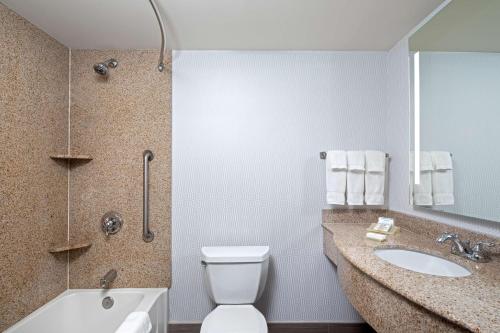 a bathroom with a toilet and a sink and a tub at Hilton Garden Inn Halifax Airport in Enfield