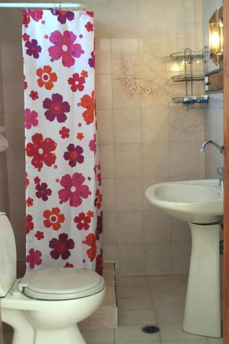 a bathroom with a toilet and a shower curtain with flowers at Sunset Beach Studio in Kremasti