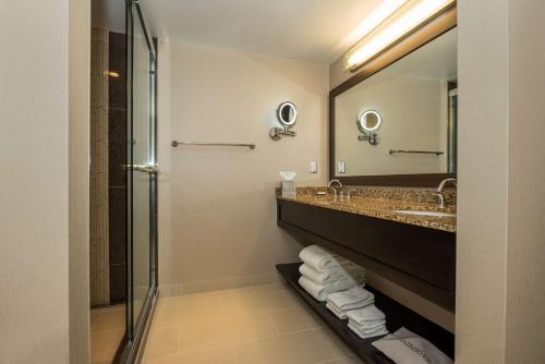 a bathroom with a sink and a mirror at Hilton Winnipeg Airport Suites in Winnipeg