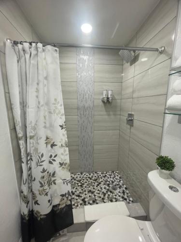 a bathroom with a shower curtain and a toilet at tranquilo y fantastico apartamento cerca de playas y areopuerto in Tampa