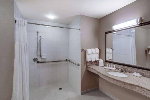 a bathroom with a shower and a sink and a mirror at Hilton Garden Inn Augusta in Augusta
