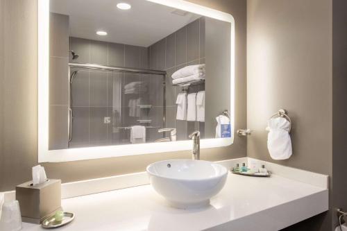 a bathroom with a sink and a large mirror at The Mosey Buffalo Williamsville Tapestry Collection Hilton in Williamsville