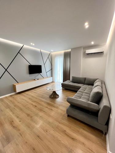 sala de estar con sofá y TV de pantalla plana en George apartments2023, en Korçë