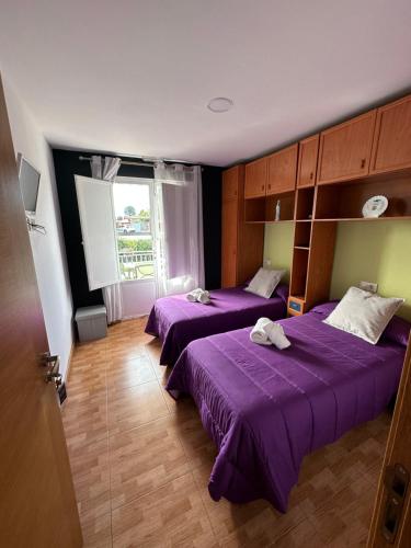 duas camas num quarto com lençóis roxos e uma janela em Mirador De Rouris em Corunha