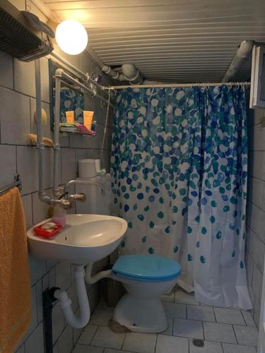 e bagno con servizi igienici, lavandino e doccia. di Joy apartment a Gradsko