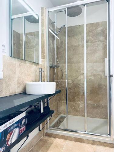 een badkamer met een wastafel en een glazen douche bij Au coeur des Chênes, 2p in Ploemeur