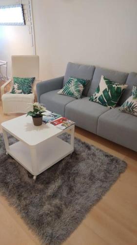 ein Wohnzimmer mit einem Sofa und einem Couchtisch in der Unterkunft Bonito y acogedor apartamento cerca de Donostia San Sebastián in Lezo
