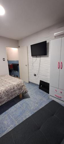 Schlafzimmer mit einem Bett und einem Flachbild-TV in der Unterkunft Lyfrago Departamento Temporario in San Fernando del Valle de Catamarca