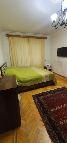 a bedroom with a green bed and a television at Уютная трехкомнатная квартира с видом на море в Баку in Baku