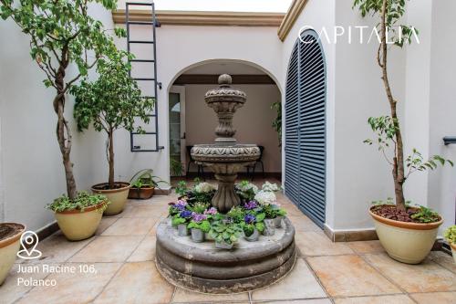 a fountain in the courtyard of a house with plants at Capitalia - Apartments - Juan Racine in Mexico City