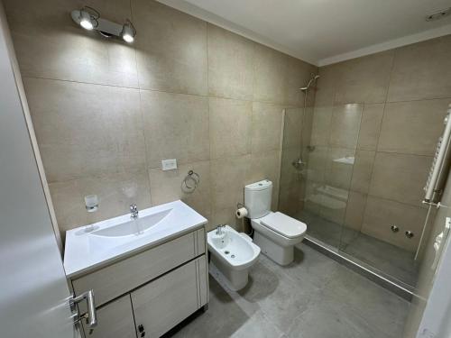 a bathroom with a sink and a toilet and a shower at Jainen Apartamentos in Ushuaia