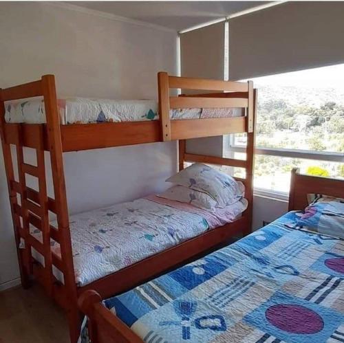 two bunk beds in a room with a window at Apartment Lomas De Papudo in Papudo