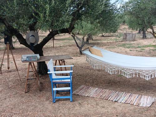 a hammock and a table and a chair next to a tree at Bungalows with private pools "Tales of the Soul - Της Ψυχής Τα Παραμύθια" in Anemokhórion