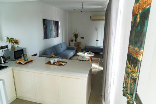 a kitchen and living room with a blue couch at Four Petals Inn in Colombo