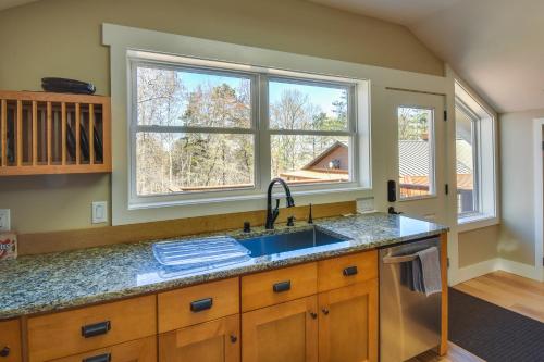 a kitchen with a sink and two windows at Romantic, Cozy Loft with Yard, 5 Miles to Clemson in Central