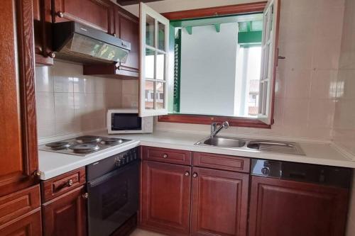 a kitchen with a sink and a stove and a window at FlordeTajinaste in Puerto de la Cruz