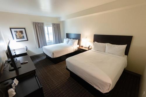 Cette chambre comprend deux lits et une télévision. dans l'établissement Cobblestone Hotel & Suites-Sheldon, à Sheldon