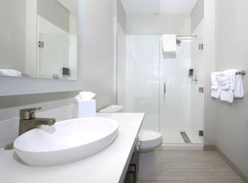 Baño blanco con lavabo y aseo en Private Downtown Apartment With King Bed, en Raleigh