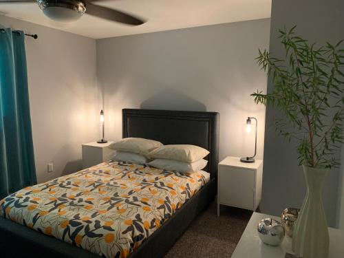 um quarto com uma cama e dois candeeiros e uma planta em Stoneshire Guesthouse em Clearwater