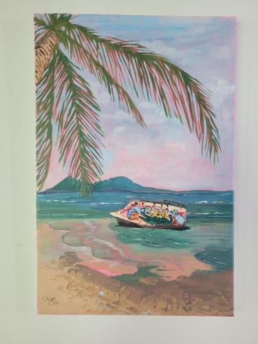 a painting of a palm tree and two boats on the beach at Osos Caribeños - with Garden - 400m from the Beach in Punta Uva