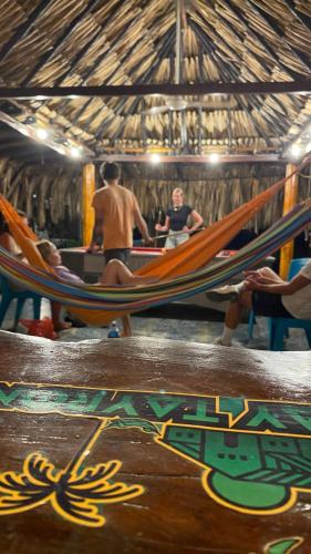 a group of people sitting in hammocks in a hut at WAYANAY TAYRONA ECO HOSTEL in El Zaino