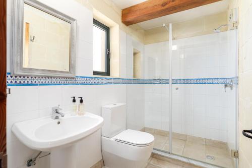 uma casa de banho com um WC, um lavatório e um chuveiro em Dar ta' Censina Villa with Private Pool em Għasri