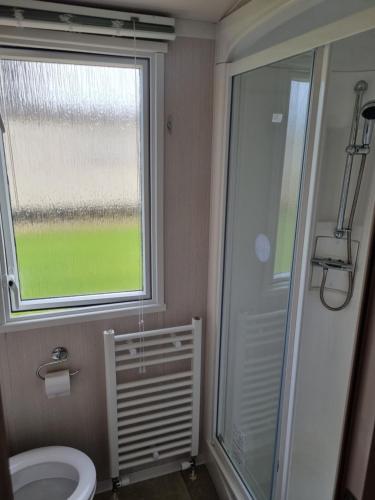 a bathroom with a shower and a toilet and a window at Modern Family Caravan with WiFi at Valley Farm, Clacton-on-Sea in Great Clacton