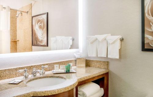 uma casa de banho com lavatório, espelho e toalhas em Hilton Wilmington/Christiana em Newark