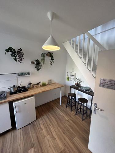 eine Küche und ein Esszimmer mit einem Tisch und Stühlen in der Unterkunft Les Jardins Tropicaux Duplex in Boulay - Moselle